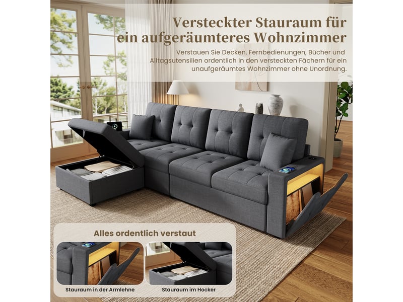  Canapé d'angle modulable 4 places en tissu lin, avec pouf à rangement, ports usbtype-c et éclairage led  - Conforama D