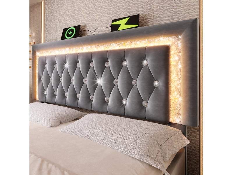 Lit coffre adulte 160x200 cm – gris – éclairage led, usb, type-c et rangement hydraulique, avec matelas - Conforama B