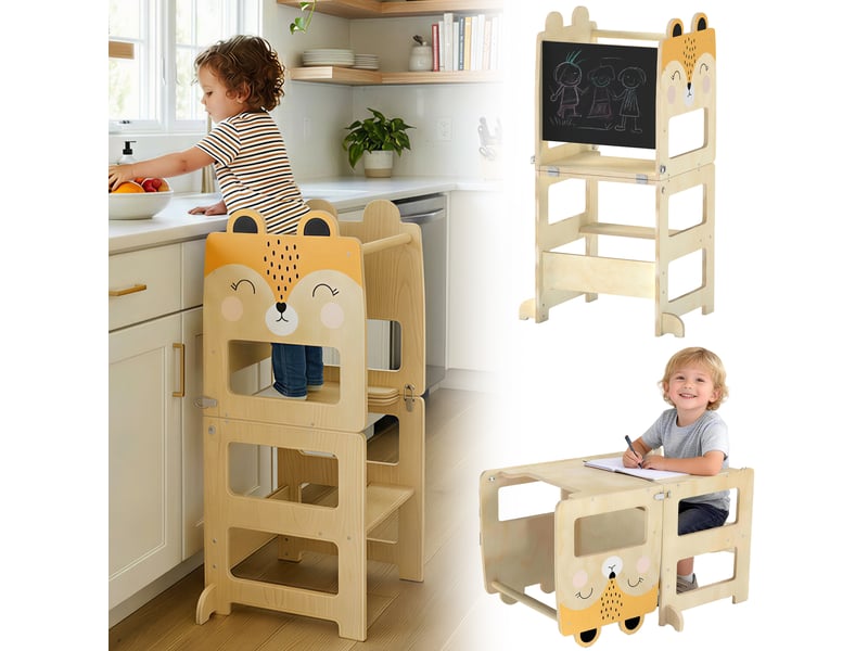  Tour d'apprentissage pliable 3 en 1 transformable en bureau et chaise avec tableau noir, motif renard naturel  - Conforama A