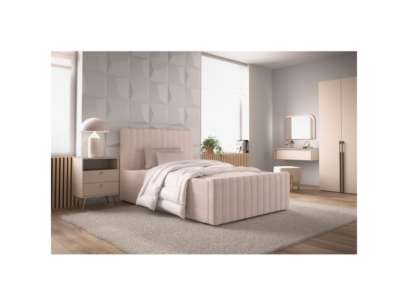 Lit simple eloria 120x200 en tissu bouclé beige avec tête de lit capitonnée - Conforama B