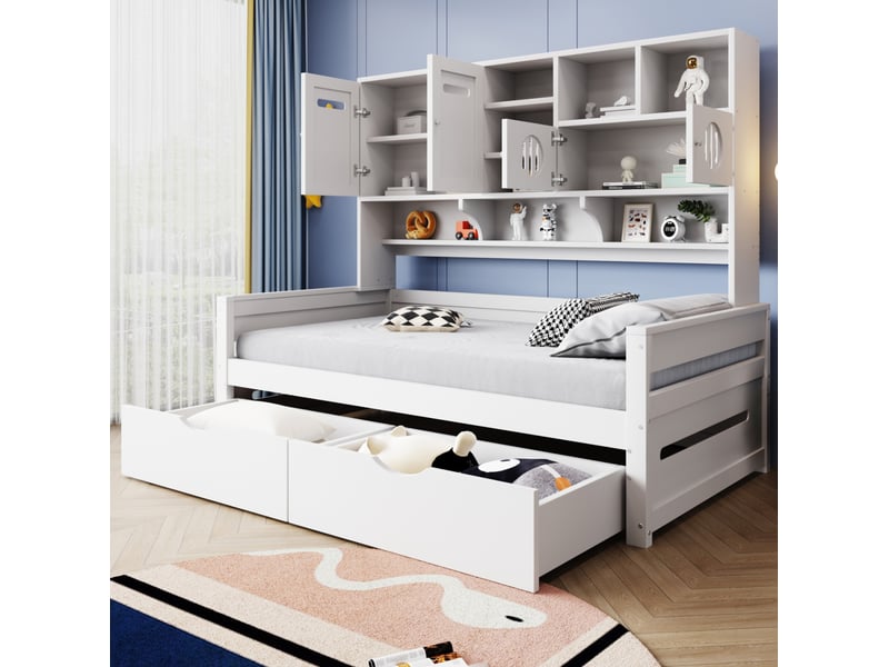  Lit multifonction, 90x200 cm, doté de solutions de rangement, grands tiroirs, matelas non inclus, bois, coloris blanc  - Conforama B