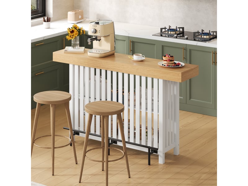  Table de bar - 160x40x105 cm - table haute avec repose-pieds et étagère à 2 niveaux - bois naturel et blanc  - Conforama D