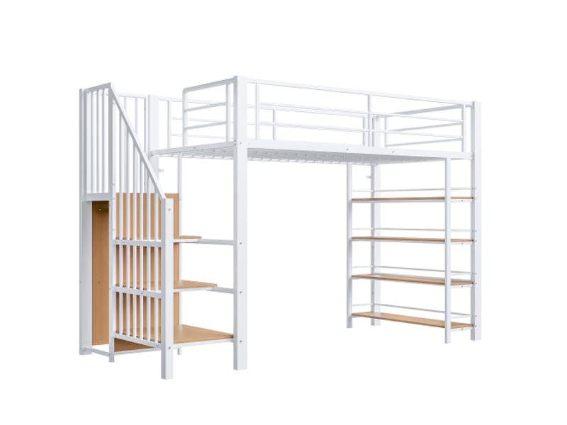  Lit mezzanine 90x200 cm, lit simple avec escalier de sécurité, rangements et petite penderie, étagères, sans matelas, en métal, blanc  - Conforama E