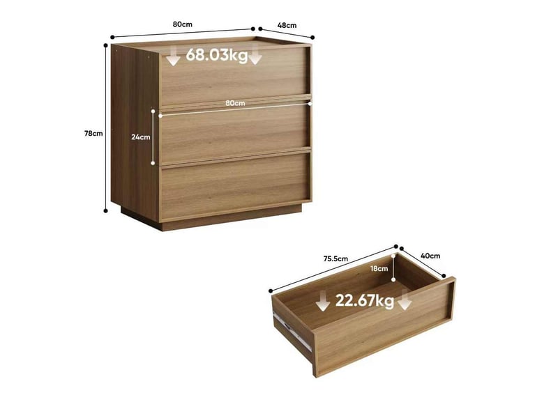 Commode 80x48x78 cm, meuble de chambre, 3 tiroirs, pour salon, chambre, mdf et panneau de particules, couleur chêne  - Conforama C