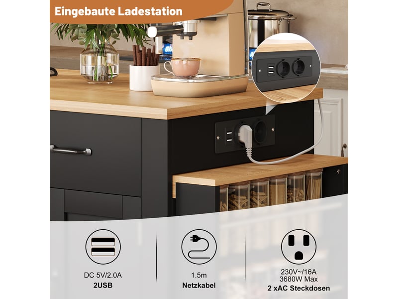  Îlot de cuisine 132235 × 60 × 93 cm en mdf, table repas coulissante, 7 roulettes, étagères réglables et rangements intégrés  - Conforama C