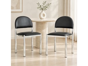 Lot de 2 chaises de salle à manger noires avec dossier semi-circulaire, revêtement en polyuréthane et pieds en métal
