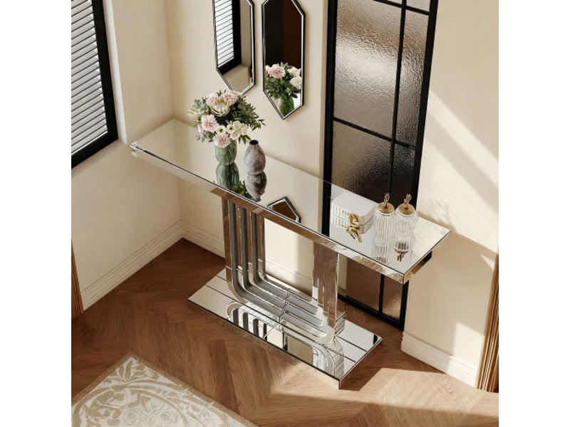 Console miroir 120 cm argentée, base en u stable, résistance aux rayures, facile d'entretien, luxe pour salon - Conforama D