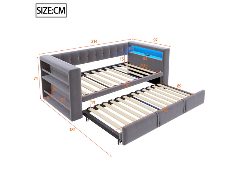 Canapé-lit multifonctionnel 90180x190 cm avec led, prises et rangement mdf bois gris foncé sans matelas - Conforama C
