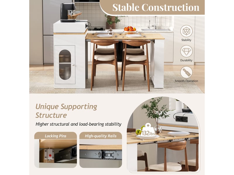 Desserte de cuisine extensible avec rangement et prises 83×46 146,5×96 cm en mdf et verre blanc - Conforama C
