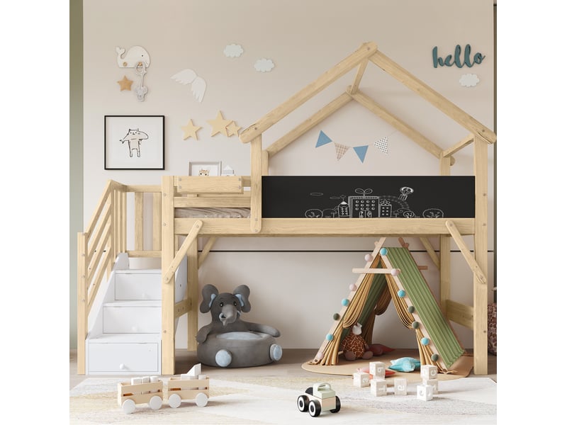  Lit superposé enfant 90x200 cm – blanc et naturel – toit cabane, escalier à 3 rangements, sans matelas  - Conforama B