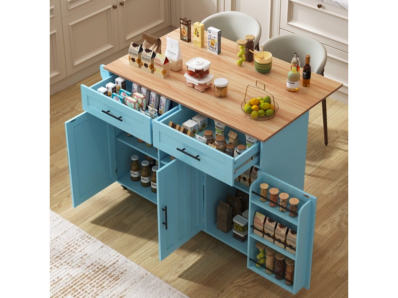 Buffet rétro bleu 129x46x91,5 cm en bois massif avec plateau rabattable, rangement et roulettes, meuble cuisine ou salle à manger - Conforama B