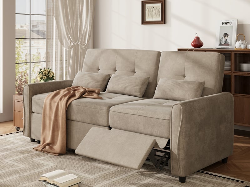  Canapé droit convertible 3 places, en tissu chenille, dossier 3 positions (90/145/180°), couchage extensible, 176x145x83cm, marron  - Conforama B