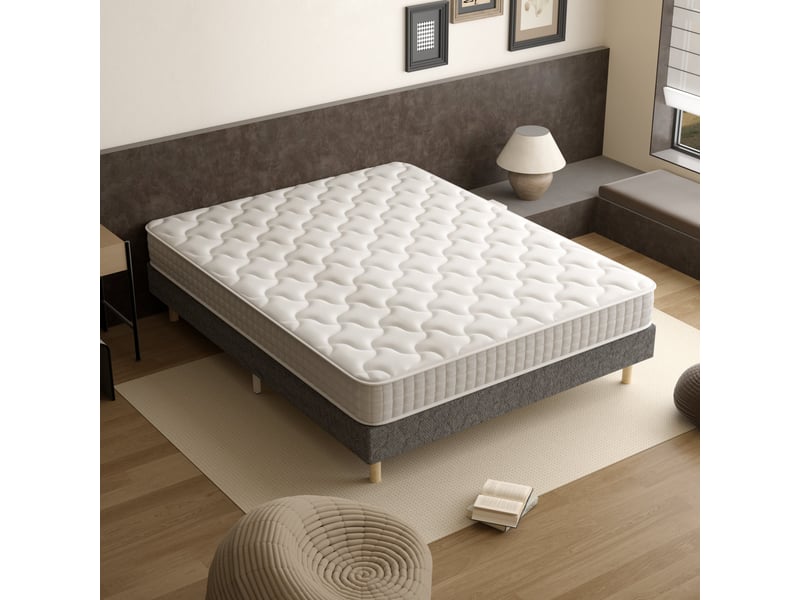  Sommier tapissé gris 160x200 + matelas ressorts ensachés 20 cm, 9 pieds fournis  - Conforama E