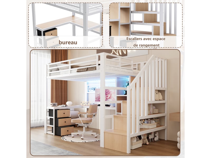  Lit mezzanine enfant 90x200 cm avec bureau, 4 tiroirs, escalier de rangement et éclairage led, cadre métal blanc  - Conforama E