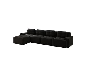 Canapé d'angle modulable 4 places en velours côtelé noir, méridienne gauche et assise profonde de 74 cm
