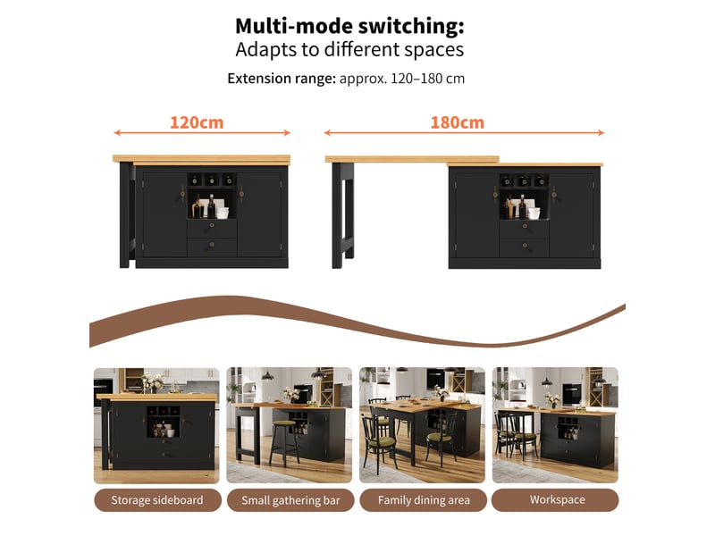 Table de bar extensible 120-180 x 40 x 76 cm, plateau pivotant à 360°, casier à vin, étagères réglables, noir et bois - Conforama D