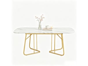 Table à manger extensible 140-180 x 80 cm, effet marbre blanc, pieds en métal doré, 4-6 personnes, style luxe