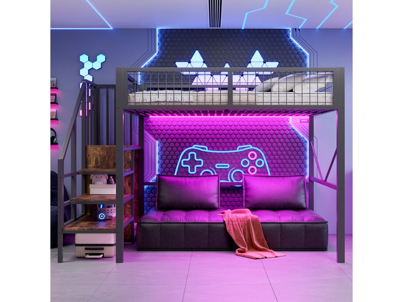  Lit mezzanine 140 x 200 cm avec échelle et rangement, éclairage led, garde-corps grillagé de sécurité, métal et bois, noir OMNIGLINT TRADING LTD - Conforama C