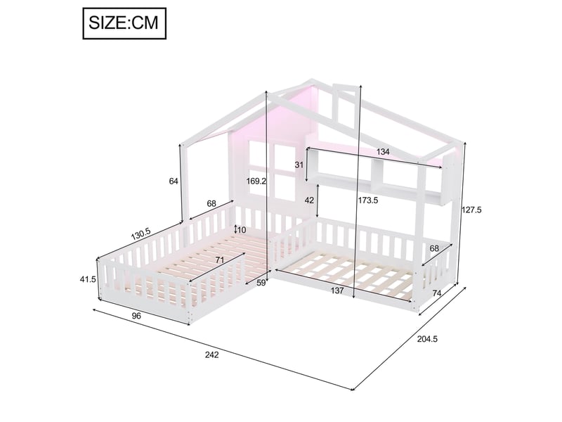  Lit enfant 90x200 cm avec éclairage led et étagères en bois et mdf blanc  - Conforama E