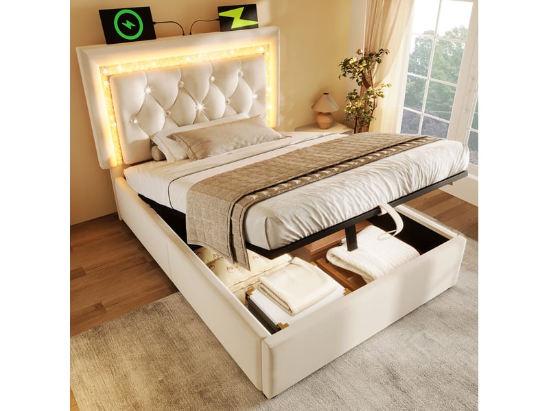  Modenvie lit coffre 1 place 90x200 cm - led intégrée, ports usb et usb-c, matelas inclus - beige  - Conforama B