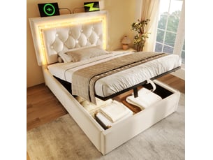 Lit avec rangement 90x200 cm <strong>MODENVIE</strong>  <strong></strong> coloris beige