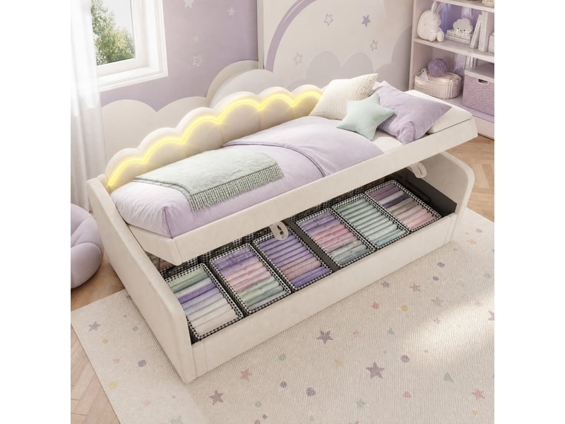  Lit coffre enfant 90x200cm, design ondulé, lumières avec éclairage led multicolores, velours, beige sans matelas  - Conforama B