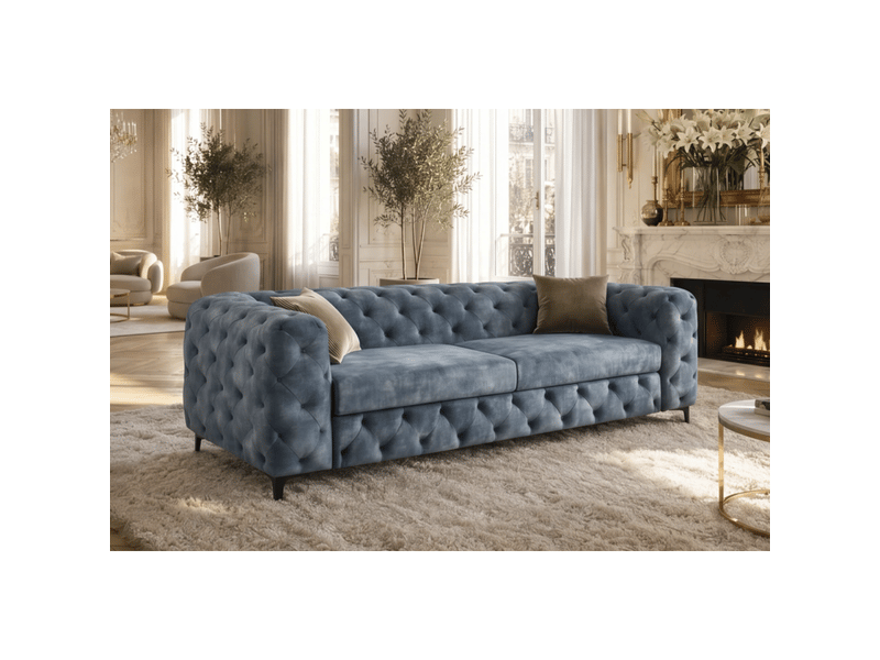  Canapé d'angle velena 4 places avec pouf – velours bleu capitonné – 235 x 74 x 157 cm  - Conforama E