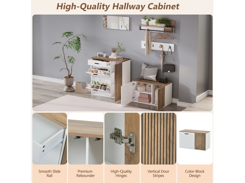  Ensemble meuble d'entrée 5 pièces 85x36x85 cm, meuble à chaussures et banc à chaussures, miroir, mdf, blanc et chêne  - Conforama E