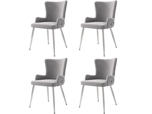 Lot de 4 chaises salle à manger 55x47x85 cm en velours gris, dossier élevé, pieds métal argenté, pieds antidérapants