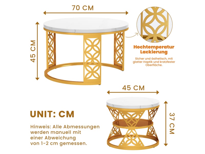  Table basse gigogne ronde 70x70x4545x45x37 cm, coloris blanc et dore  - Conforama C