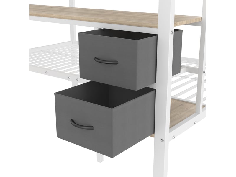  Lit mezzanine, lit double en métal avec bureau, tiroirs, étagères, grille, led et usb, 140x200 cm, sans matelas, blanc  - Conforama E