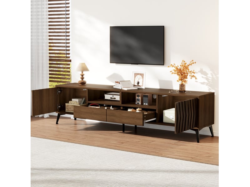  Meuble tv 180x35x45 cm avec 2 portes et  2 tiroirs en panneau de particules, passe-câbles, couleur marron  - Conforama D