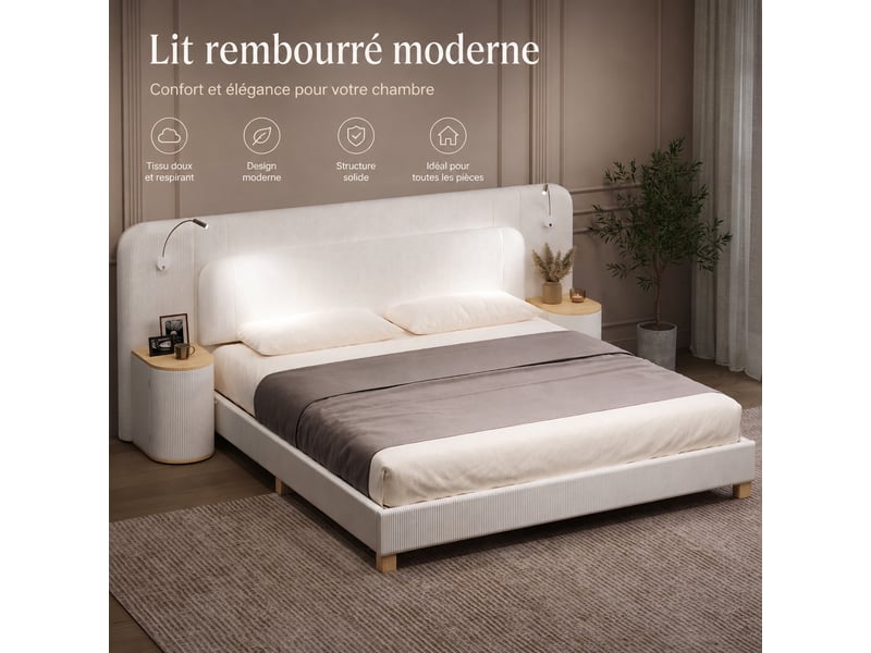 Lit rembourré beige 180 x 200 cm en velours côtelé avec chevets intégrés et éclairage led  - Conforama E