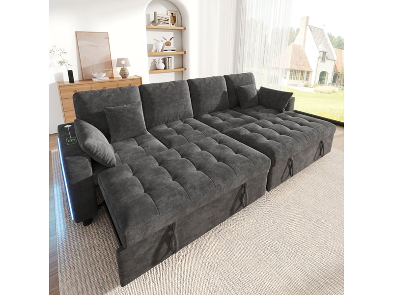  Canapé d’angle convertible 262,5x140x89 cm 4 places en l, led, usbtype-c, dossier réglable 3 positions, chenille, gris Bliss Lite - Conforama B