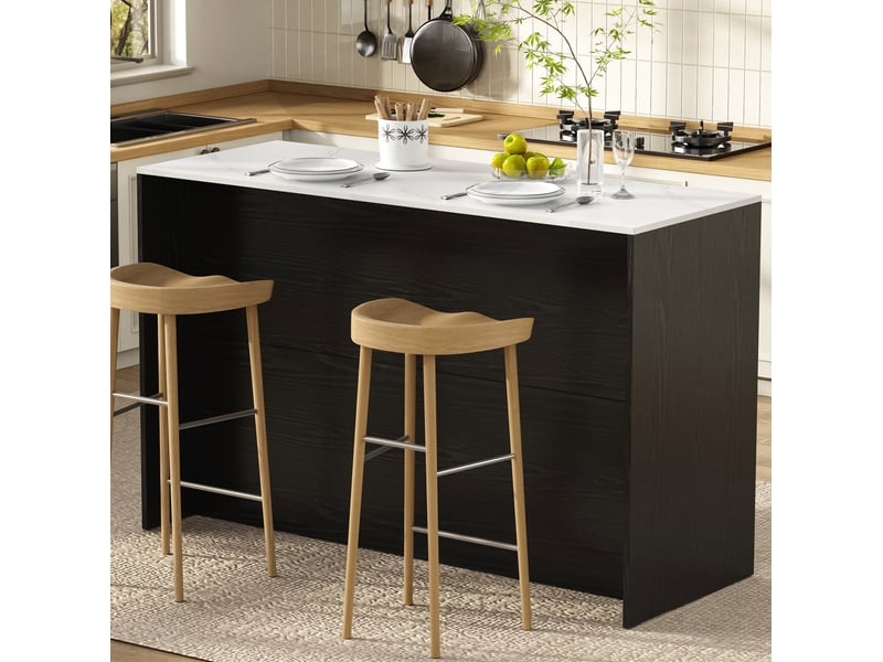 Îlot de cuisine avec grand plan de travail 135x55x91 cm – noir – led, 2 tiroirs et étagères réglables - Conforama B