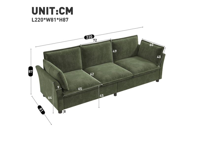 Canapé 3 places en chenille vert, divan moderne avec accoudoirs incurvés, canapé modulable très confortable pour salon et appartement - Conforama C