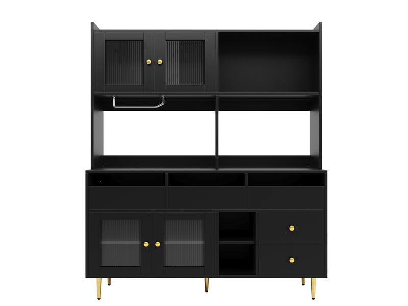 Buffet haut 145x39x171 cm avec portes en verre et rangement pour verres à vin, mdf et métal, noir avec détails dorés - Conforama A