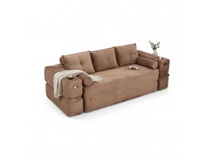 Canapé convertible 3 places en velours côtelé, mousse haute densité, ressorts à poches, porte-gobelets, coussin mémoire et deux coussins décoratifs