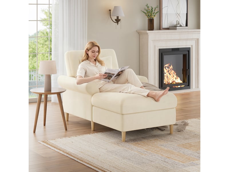 Canapé de salon, canapé pour séjour, en velours, beige, dossier inclinable, avec pouf, chambre, pour salon - Conforama E