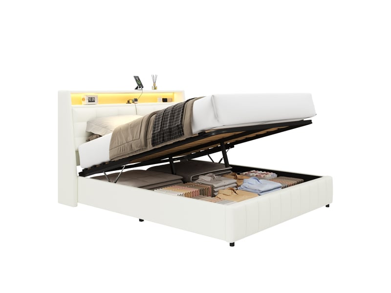  Lit double 160x200 cm - lit adulte avec rangement sous le lit et tête de lit réglable - blanc  - Conforama A