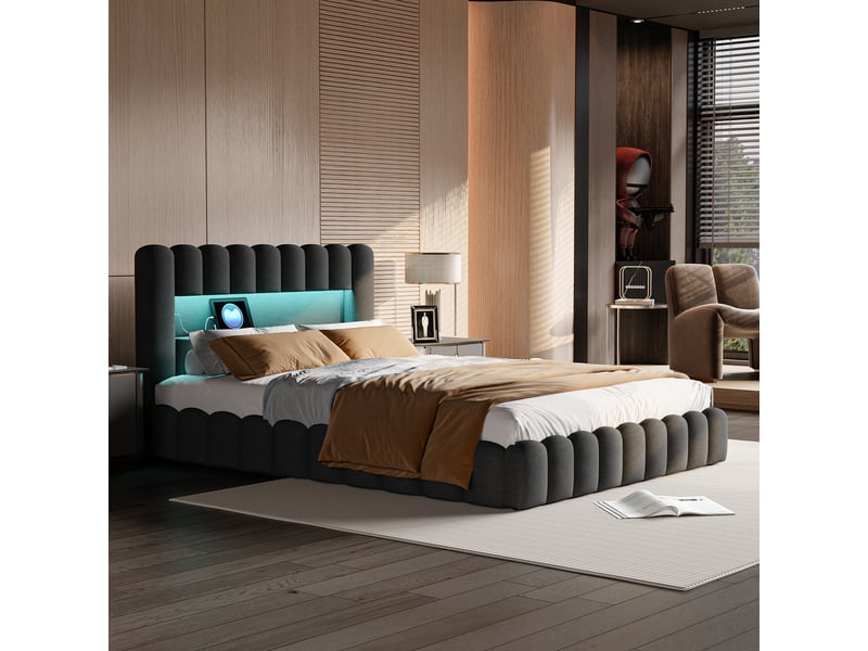  Lit double coffre - 140 x 200 cm - gris - lin, design cannelé, tête de lit avec led, vérins hydrauliques  - Conforama E
