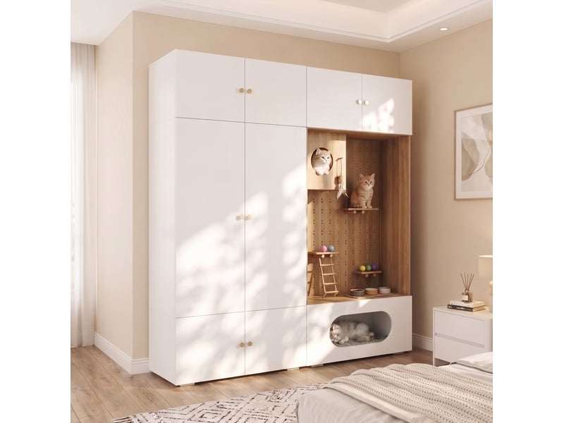  Armoire modenvie 180 x 50 x 200 cm avec rangement vêtements et espace félin, panneaux de particules blanc et aspect bois  - Conforama B