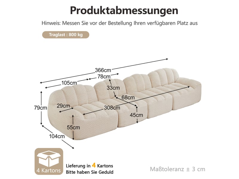Canapé modulable 4 places en tissu bouclette beige blanc, assise profonde et modules flexibles pour le salon - Conforama C