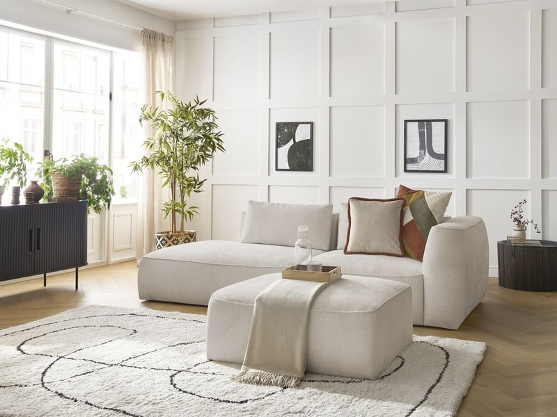  Bobochic canapé droit fixe 3 places leopold tissu texturé avec pouf beige  accoudoir droit LEOPOLD - Conforama B