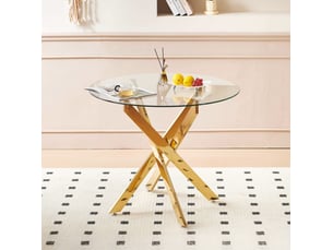 Table à manger ronde 80x75 cm, plateau verre trempé, pieds métal croisés, style moderne doré, gain de place chic