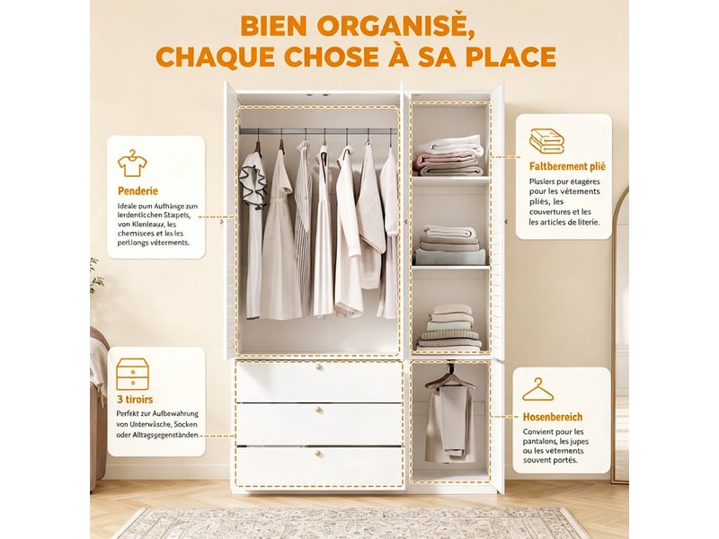 Armoire 3 portes à lamelles élégantes, 135 x 50 x 200 cm, 1 porte-pantalon, 2 tringles et 3 tiroirs, pour chambre et chambre d'enfant, blanc  - Conforama E