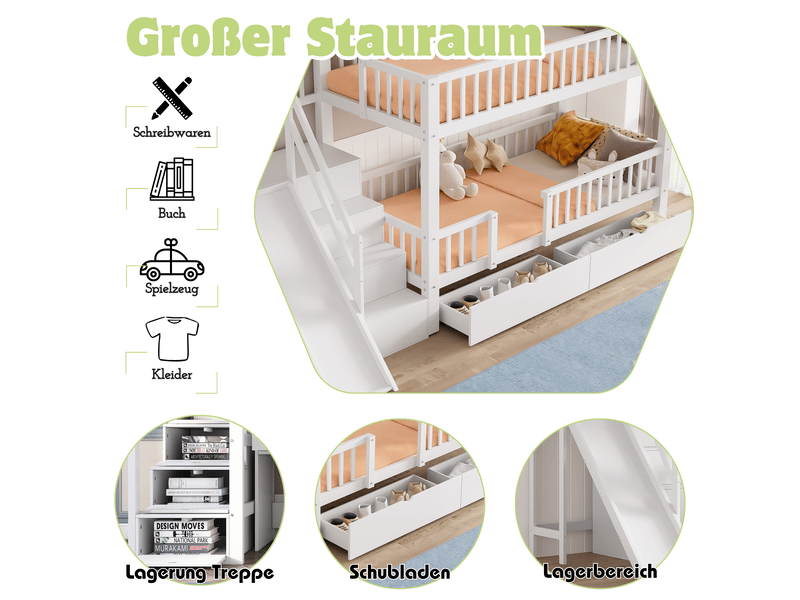  Lit superposé enfant,90x200 cm,avec tiroirs et rangement,bois,blanc  - Conforama E