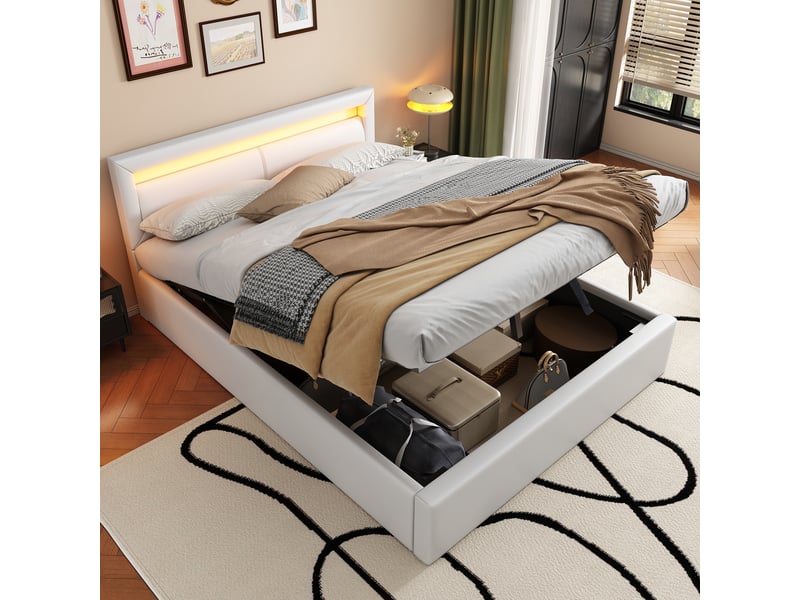  Lit 140x200 cm blanc rembourré led sommier tête éclairée simili-cuir  - Conforama D