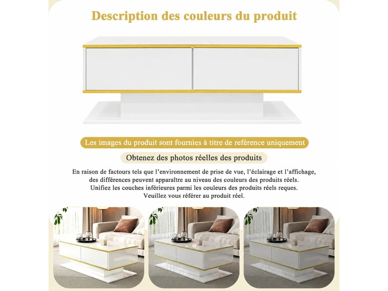  Table basse blanche et dorée brillante avec tiroirs et éclairage led, 100 cm  - Conforama D