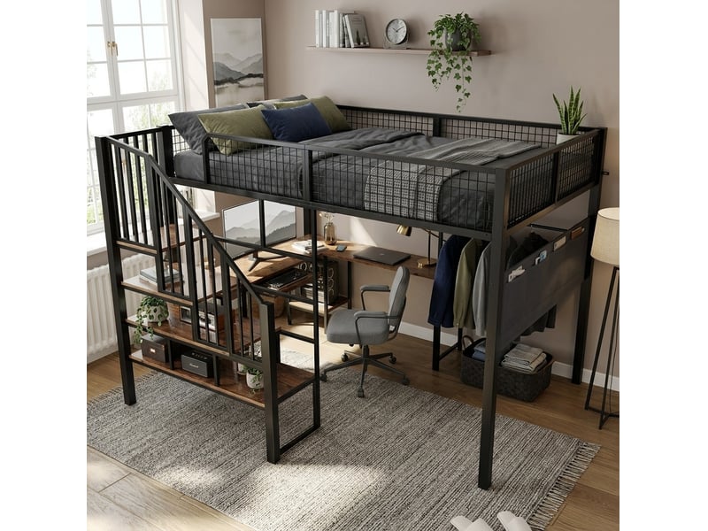 Lit mezzanine 140x200 cm noir avec bureau d'angle, escalier et prise de charge - Conforama B